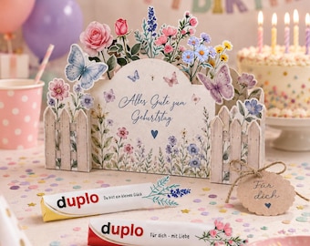 Druckbare Geburtstags Geschenkbox Vorlage, Blumen Geschenkbox, Duplo Schokoladenhalter, Schmetterling Geschenkbox, DIY Geburtstagsbox PDF