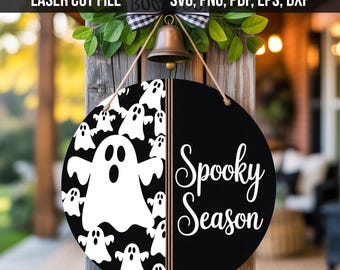 Spooky Season Door Hanger SVG, Halloween Round Sign SVG, Ghost Door Decor Laser Cut File, Glowforge Cricut Wood Sign, PNG Digital