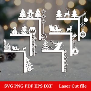 May include: White silhouette design of a Christmas village with a church, a snowman, a gingerbread man, reindeer, Santa Claus, and a sleigh. The design includes trees, snowflakes, ornaments, and bells. The design is perfect for laser cutting and creating festive decorations.