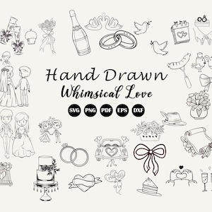 Pacote de clipart SVG de casamento caprichoso, desenhado à mão, ícone de casamento, clipart de linha do tempo, pacote de gráficos, bordas onduladas e rabiscos, convites de noiva SVG