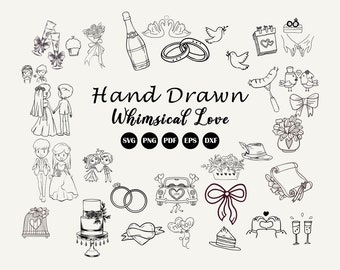 気まぐれなウェディングSVGクリップアートバンドル、手描き、ウェディングアイコン、タイムラインクリップアート、グラフィックバンドル、波線ボーダー、ブライダル招待状SVG