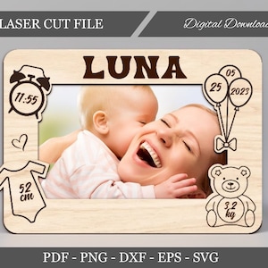 Spersonalizowana ramka na zdjęcia, metryka dziecięca, pliki cięte laserowo, ramka na zdjęcia z ogłoszeniem, szczegóły urodzenia, PDF, DXF, cyfrowy prezent dla niej