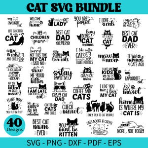 May include: A collection of 40 cat-themed SVG designs in black and white, with phrases like "Crazy Cat Lady" and "I Love Cats." Includes file formats: SVG, PNG, DXF, PDF, and EPS. Perfect for crafting.