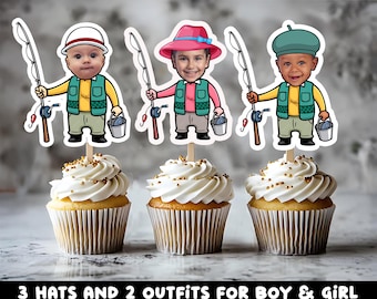 Ofishally One Party Favor Fishing Custom Face Topper, Personalized Cake Birthday Decoration, Birthday decor Cupcake, Fishing Cupcake Topper