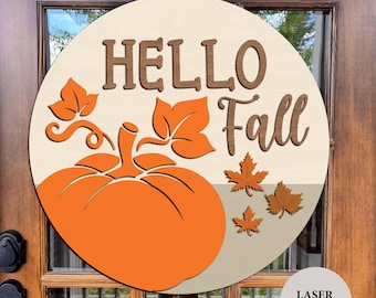 Hello Fall Door Hanger SVG, Autumn welcome Svg, Pumpkin Svg, Fall Porch Round Door Sign, Laser Cut File, Fall Welcome Sign, Glowforge Cricut