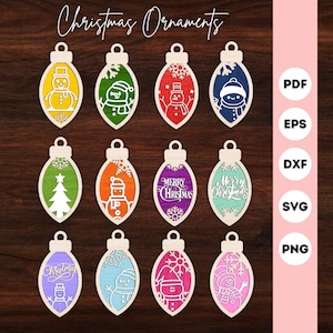 Adornos navideños SVG, archivos de decoración cortados con láser, muñeco de nieve, árbol de Navidad SVG, Glowforge navideño, adorno de 3 capas, Cricut, silueta
