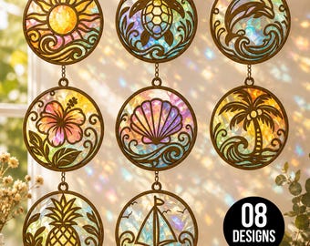 Tropical Suncatcher SVG Bundle, 8 Coastal Ornament Designs, Sea Turtle Dolphin Pineapple Palm Tree, Laser Cut File, Summer Beach Decor