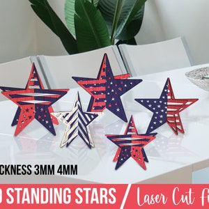 4 juli svg, set van 5 patriottische sterren, 3D staande sterren, strepen voor mantel, tafeldecor SVG, Amerikaanse vlag, Glowforge, ornamenten