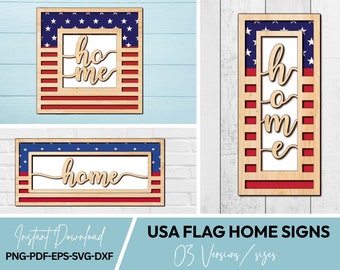 USA Flag Home Signs SVG File, USA Flag Sign Cricut File, Laser Ready Files for Glowforge and All Laser Cutters, Instant Download