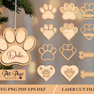 Ornement commémoratif pour animal de compagnie, ornement de décoration d'arbre de patte d'animal de compagnie SVG, fichier laser numérique, Glowforge, mémoire suspendue, ornement de décoloration pour animal de compagnie chien chat,