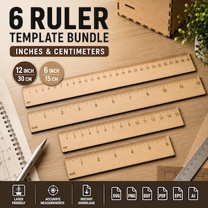 Laserskärning Linjal Bundle SVG, Tum Centimeter Linjalfil, Horisontell Måttskala, Trä Laserskärningsmall Glowforge Cricut CNC-Skärfil