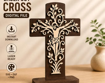 Christian Cross Laser Cut File, Jesus Cross SVG dxf PNG, Religious Wall Decor, Wooden Cross Cutting Design for Laser Cutter DIY Projects