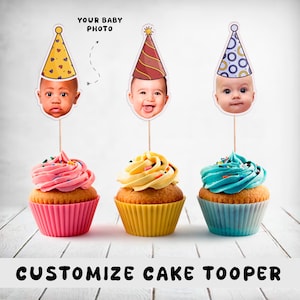 Topper personnalisé pour cupcakes - décoration de fête pour premier anniversaire, visage de bébé à découper, décoration de gâteau personnalisée, décoration d'anniversaire