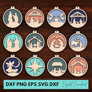 Pacote de enfeites de árvore de Natal de presépio SVG Lasercut, enfeites de decoração de Natal de presépio SVG, placas penduradas de presépio, download digital