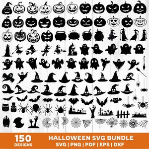 May include: A collection of 150 black Halloween-themed SVG designs. The designs include pumpkins, witches, ghosts, bats, spiders, witch hats, and other spooky elements. The text at the bottom reads "HALLOWEEN SVG BUNDLE".