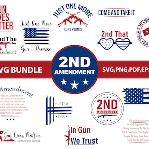Könnte beinhalten: Ein digitales Download-Paket mit 2nd Amendment SVG-Dateien. Das Paket enthält Designs mit amerikanischen Flaggen, Waffen und Texten wie "Gun Lives Matter", "Just One More", "2nd That", "Come and Take It" und "In Gun We Trust".