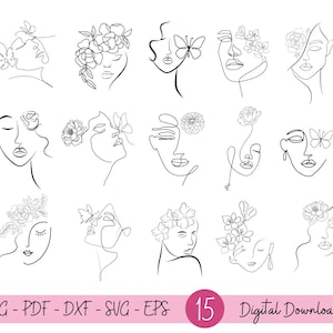 15 lijntekeningen gezicht svg, bloemen in het haar svg, lijntekeningen vrouwen SVG, gezichten vrouw bloemen SVG, Lady Face één regel, bestand knippen voor Cricut, digitaal bestand