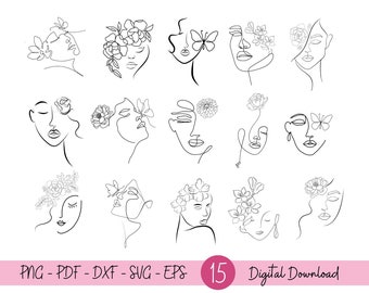 15 lijntekeningen gezicht svg, bloemen in het haar svg, lijntekeningen vrouwen SVG, gezichten vrouw bloemen SVG, Lady Face één regel, bestand knippen voor Cricut, digitaal bestand