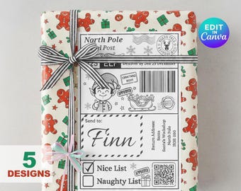 Christmas Shipping Label Canva Template, 6x4 Santa Mail Label, Thermal Printer Sticker, Editable Holiday Shipping Label PNG PDF