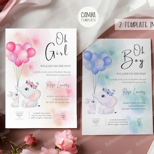 Modèle d'Invitation pour baby shower, fichiers Svg thème rose et bleu, baby shower garçon et fille, baby shower éléphant ballons téléchargement immédiat