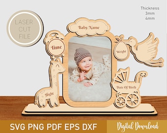 Cadre photo personnalisé, métrique enfant, fichiers découpés au laser, cadre photo faire-part, détails de naissance, Pdf, Dxf, motif numérique, fichier pour 3 mm 4 mm.