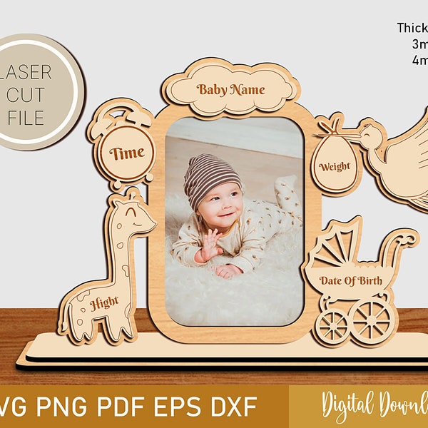 Marco de fotos personalizado, Métrica infantil, Archivos cortados con láser, marco de fotos de anuncio, detalles de nacimiento, Pdf,Dxf, Digital, Archivo para 3mm 4mm