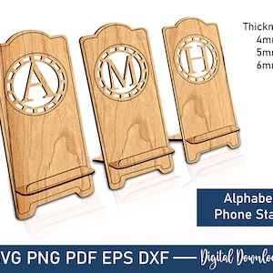 26 file in formato SVG con taglio laser per supporto per telefono con lettere, file di taglio laser per supporto per telefono, supporto per telefono con alfabeto dalla A alla Z Cricut, supporto per telefono in legno, file digitale