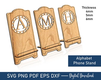 26 brief telefoonhouder lasergesneden Svg-bestand, telefoonstandaard lasersnijden bestand, AZ alfabet telefoonstandaard Cricut, houten telefoonstandaard, digitaal bestand