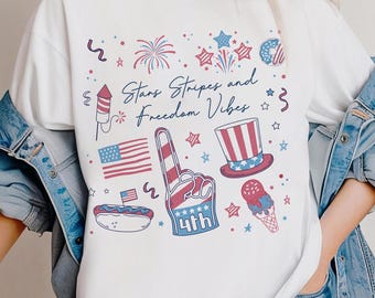 Stars Stipes and Freedom Vibes Png, 4th Of July Png, America Coquette Png, Girly American Png, Cute Doodles Patriotic Png, USA Shirt Design