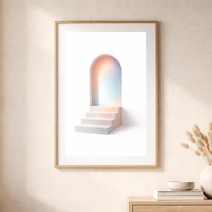 Op de afbeelding: Een ingelijste kunstdruk met een minimalistisch ontwerp van een trap die leidt naar een boog met een kleurengradiënt. Het kunstwerk staat in een houten lijst, tentoongesteld op een beige muur, met een vaas met gedroogde bloemen.