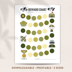May include: A printable reward chart with a military theme. The chart features a green camouflage background with a series of circles to color in as rewards are earned. The chart includes icons of a soldier, a plane, a parachute, and a medal.