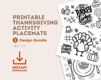 Paquete de actividades imprimibles de otoño para niños, descarga digital: mantel individual de Acción de Gracias con página para colorear de pavo, tres en raya, tamaño carta (8.5 x 11 pulgadas).