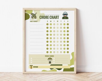 Tabla imprimible de tareas del ejército: temática militar, para niños y adolescentes (descarga digital)