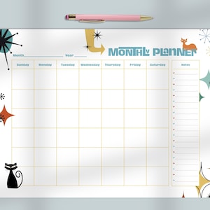 Mid Century Modern Monthly Planner, Atomic Cat Design, Printed Calendar Notepad