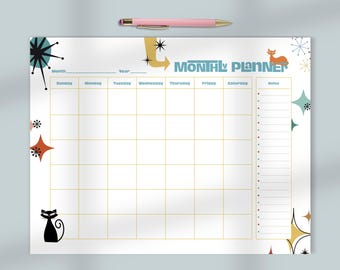 Agenda mensual de estilo moderno de mediados de siglo, diseño Atomic Cat, bloc de notas con calendario impreso