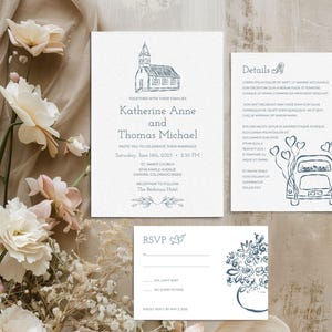Hochzeitseinladungen, digitaler Download Hochzeitseinladung mit Doodles, Detail, Antwortkarte, personalisierte Hochzeitseinladung bearbeitbar