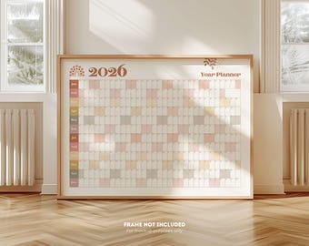 Calendario de pared minimalista bohemio 2026, formato horizontal, ideal para decorar el hogar o la oficina.