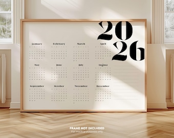 Calendario de pared minimalista 2026 en blanco y negro / Tipografía grande / Inicio en lunes / Decoración moderna y elegante para el hogar