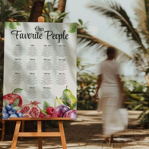 Bewerkbare rustieke bruiloft zitplaatsen grafieksjabloon, instant download afdrukbaar tafelplan met namen, bloemen fruittuin stijl aangepaste bewegwijzering