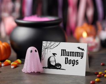 Tarjetas editables para mesa de Halloween: Etiquetas blancas y negras para buffet (descarga digital)