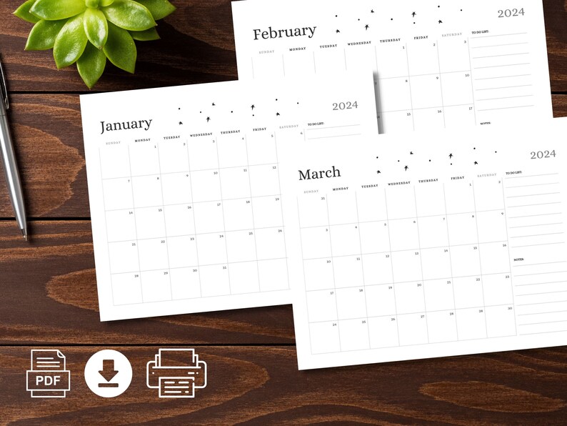 2024 Printable Desk Calendar, Minimalist Design, Digital Download, Hi