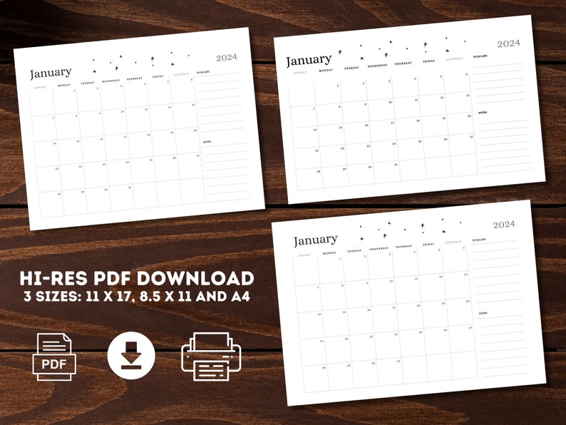 2024 Printable Calendar, Monthly Calendar, Digital Download, Letter, A4 ...