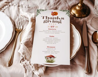 Plantilla de menú de Acción de Gracias en acuarela: Diseño editable para cena (descarga digital)