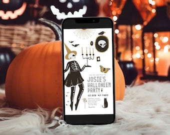 Vintage Halloween Birthday Invitation: Black & Gold Skeleton Cat Design (Canva Editable Digital Download)