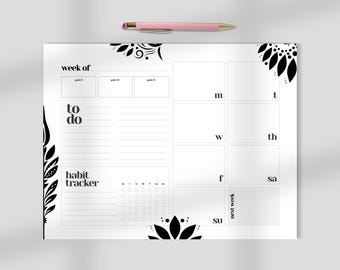Bloc de planificación semanal minimalista: registro de hábitos sin fecha, lista de tareas pendientes.