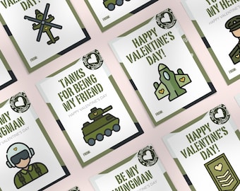 Army Men Printable Boy Valentines, Kid Digital Download School Classroom Party V Day Cards, Tank Solider Helicopter Pilot Hero Exchange Pack