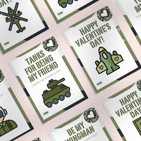 Army Men Printable Boy Valentines, Kid Digital Download School Classroom Party V Day Cards, Tank Solider Helicopter Pilot Hero Exchange Pack