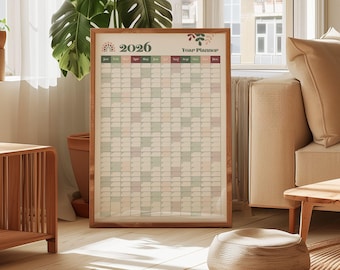 Calendario de pared verde salvia 2026 – Póster minimalista – Impresión artística moderna para pared de oficina – Impresión anual grande – 18x24, 24x36, 36x48