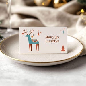 Modelo de rótulos de comida de mesa de feriado boho editável, cartão de lugar de Natal personalizado, placas de mesa de bufê de ornamento, rótulo de decoração de feriado personalizável