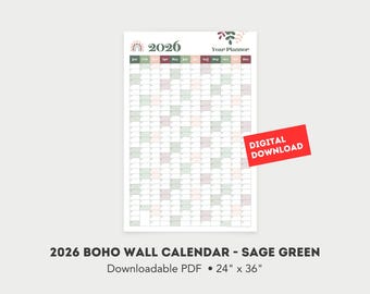 2026 Sage Green Wall Calendar | Minimalist Year Planner (Digital Download)